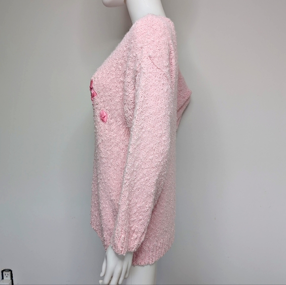 Vintage 80s 90s Light Pink Fuzzy Chunky Sweater With Satin Flowers, Beads & Gems - Picture 4 of 6